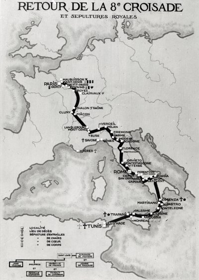 Map of the Return of the 8th Crusade in 1270 with the Resting Places of Louis IX